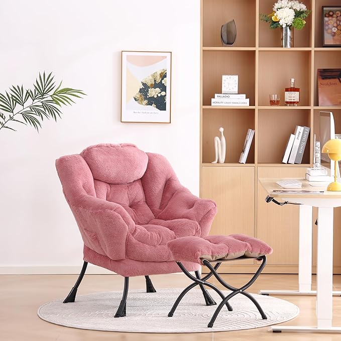 LITA Lazy Chair with Ottoman Modern Accent Leisure Upholstered Sofa Chair Lounge Reading Chairs with Armrests and a Side Pocket for Living Room Bedroom &amp Small Space Plush Dark Pink