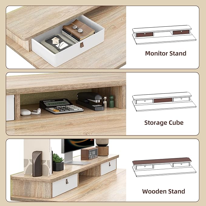 TIQLAB Standing Desk with Two Drawers Stand Up Standing Desk Adjustable Height Electric Sit Stand Table with Storage Shelf and Splice Board 55 * 24 inch Maple