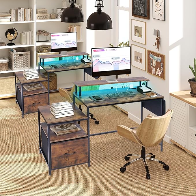 FurnitureR Computer Desk with LED Lights Monitor Stand USB Charging Port Storage Drawer Side Shelf &amp Cloth Bag 39.4-Inch Home Office Desk Workstation Rustic Brown