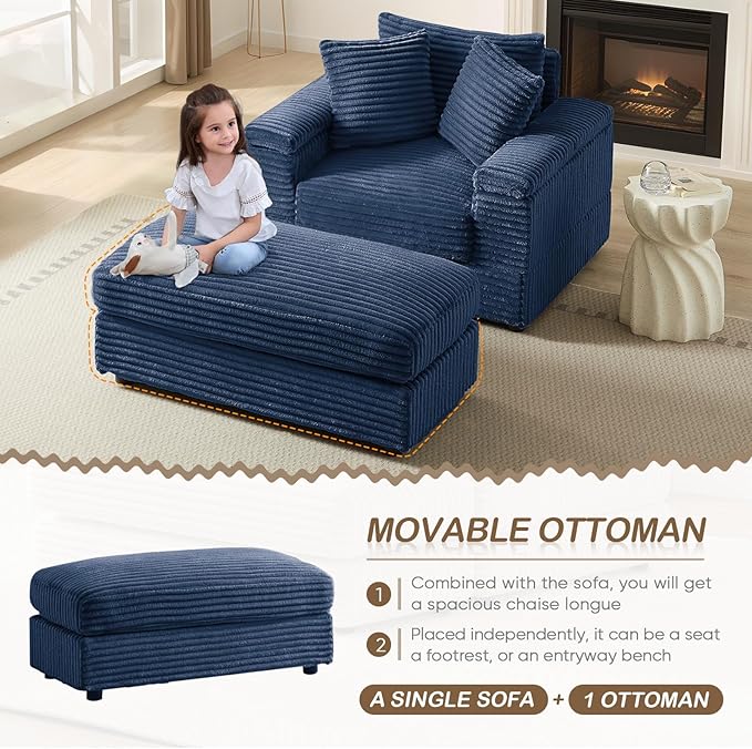 Chaise Lounge Chair Indoor 44 Inch Comfy Corduroy Sectional Cloud Couch Upholstered Single Sofa w/Movable Ottoman for Living Room Bedroom Apartment Blue