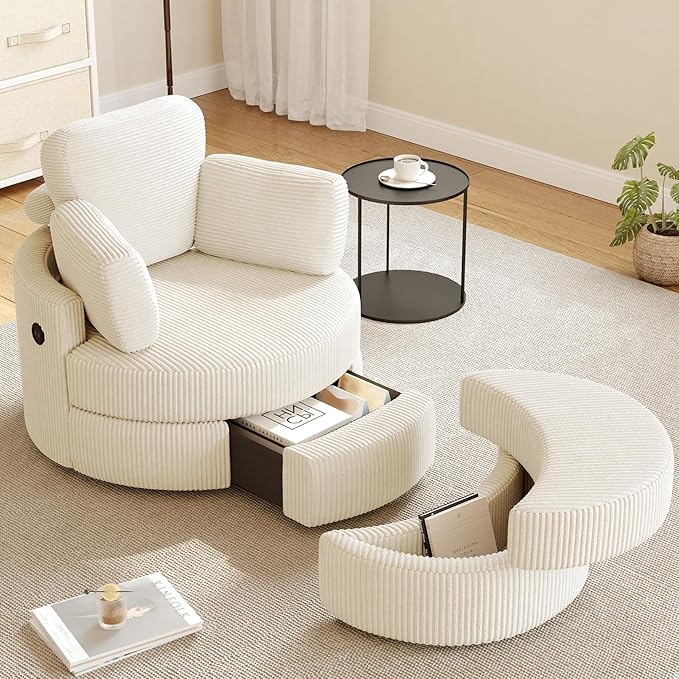 MEISSALIVVE Swivel Accent Chair with Half Moon Ottoman Round Chairs with Drawer Storage for Living Room 360° Barrel Chair with USB Charging Port (White Corduroy)
