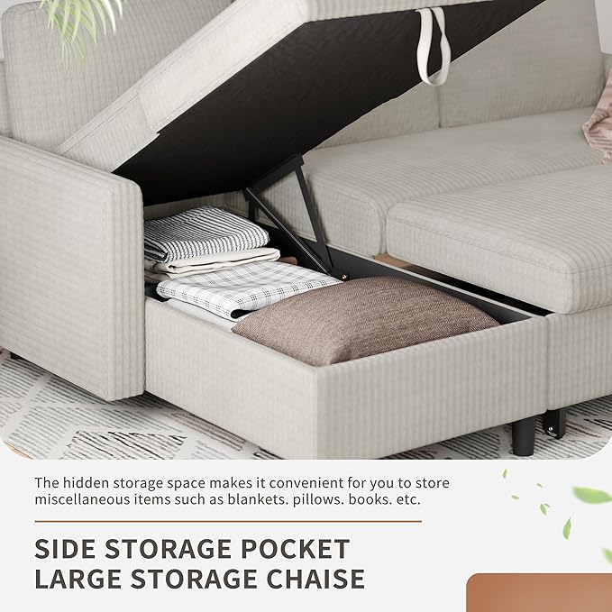 Nuturelly Sectional Sofa Couch Bed L Shaped Sleeper Sofa Bed Pull Out Bed with Storage Reversible Sectional Couches for Living Room Apartment Office(White)
