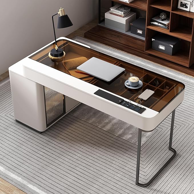 Lartis Office Desk Very Easy to Assemble Computer Desk Home Telescopic Writing Desk Modern Computer Desk with Retractable Cabinet Built-in LED Lights (Ivory 50 in)