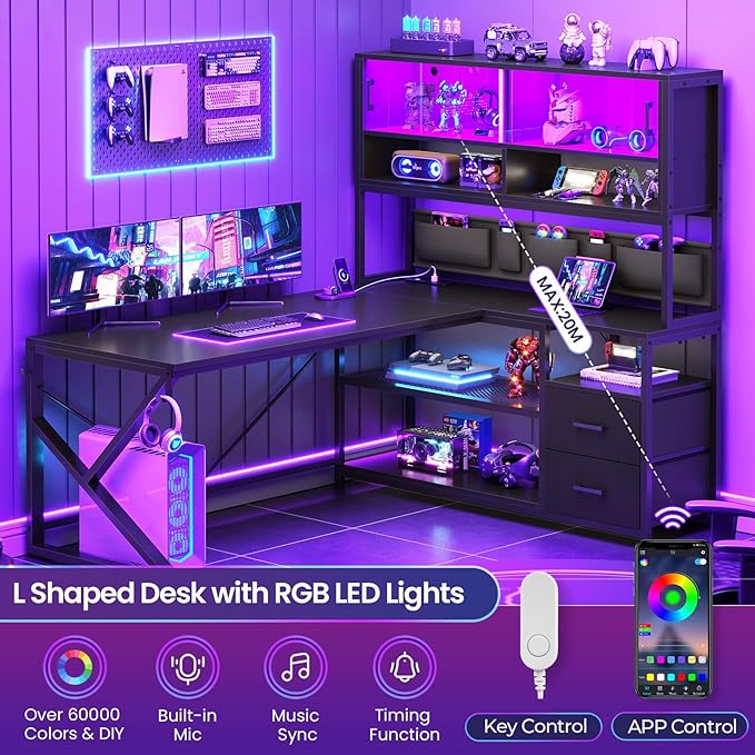 SEDETA L Shaped Gaming Desk Home Office Computer Desk with 2 Drawer and Bookshelf L Shaped Gaming Desk with LED Light Glass Cabinet and Storage Bag Corner Desk with Storage Shelves Black