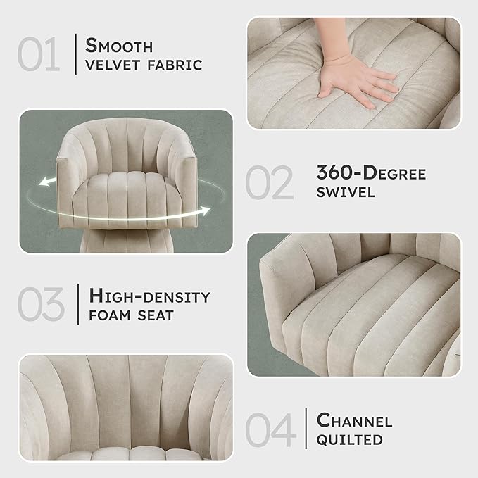 Lexicon Modern Swivel Accent Chair Velvet Fabric Upholstered Swivel Lounge Chair with Rounded Base and Channel Stitching for Living Room/Bedroom/Office Easy Assembly Taupe