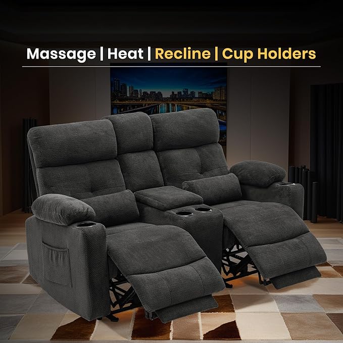 68 Power Reclining Loveseat with Heat &amp Massage Wall Hugger Double Reclining Sofa with Console Cup Holders &amp Storage Power Recliner Couch for Camper Trailer RV Home Theater Living Room