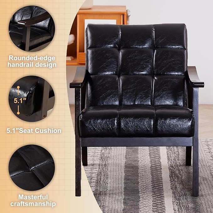 Medieval Modern Armchair High Back Antique Black Upholstered Chair with Solid Wood Legs Vintage-Inspired Reading Chair for Living Room Bedroom Study Lounge Furniture (Black + PU Leather)