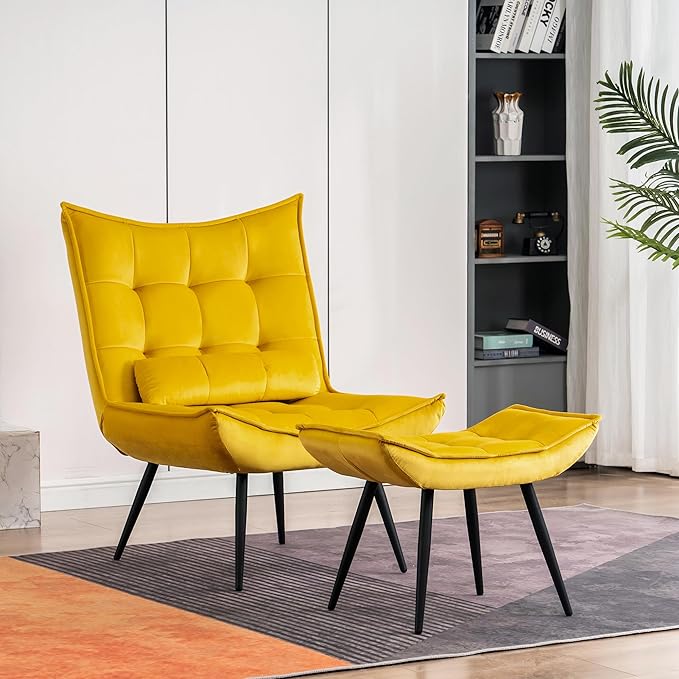 MCombo Accent Chair with Ottoman Modern Velvet Wingback Lounge Chair Upholstered Club Chair for Small Space Living Room &amp Bedroom 4079 (2 Yellow)
