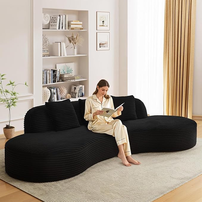 123'' Oversized Curved Sectional Sofa Minimalist Boneless Couches for Living Room with Round Deep Seat 4 Seat Luxury Modern Cloud Couch with Corduroy Fabric No Assembly Black