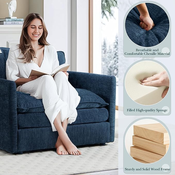 SLEERWAY Oversized Chair with Ottoman Set Modern Comfy Living Room Chenille Single Large Cloud Couch Lounge Chair Indoor for Bedroom Office Apartment Blue