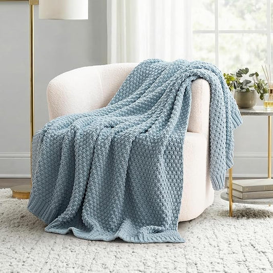 EVERGRACEHOME Chunky Chenille Knit Throw Blanket for Couch Soft Luxurious Moss Stitch Blankets for Bed Cozy Decorative Farmhouse Knitted Throws for Sofa Chambray Blue 60 x 80