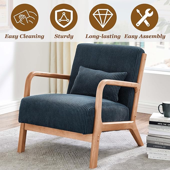 Midcentury Modern ChairWooden Blue Accent Chair with PillowCorduroy Arm Chair for Living RoomBedroomSmall Rooms (Blue)