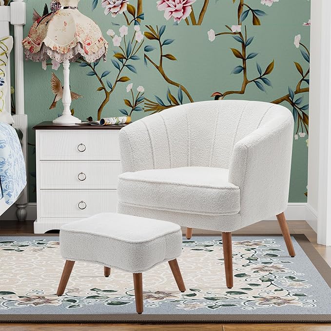 Accent Chairs with Ottoman for Living Room Bedroom Office Sherpa Upholstered Single Sofa Chair Arm Chair Comfy Chair Reading Club Coffee Chair with Metal Legs White