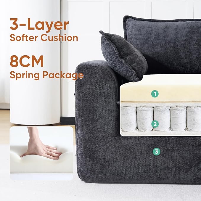 113 Cloud Sectional Boneless Couch for Living Room Modern Modular Sectional Sofa Deep Seat with Ottoman Oversized Comfy Sectional Couches L Shaped Cloud Couch with Side PocketsBlack