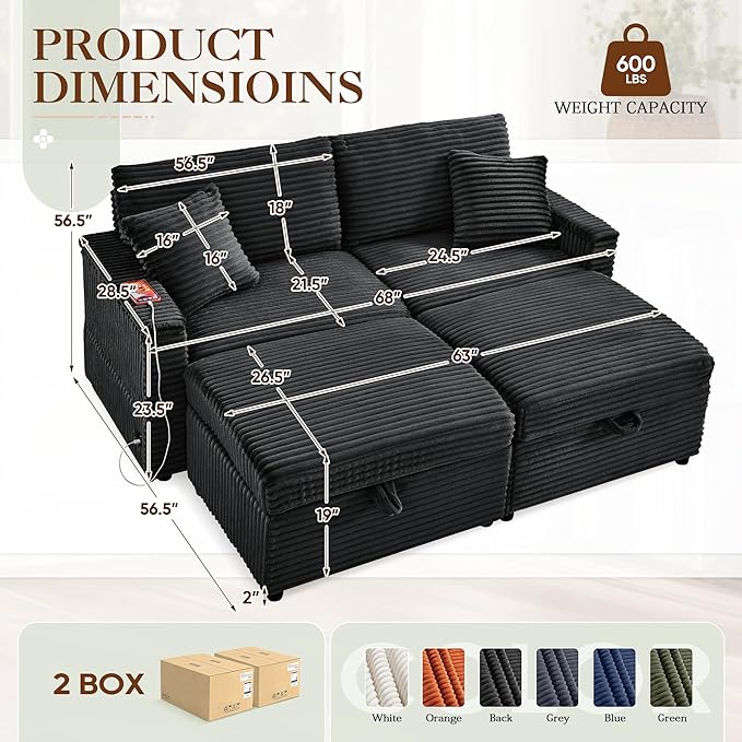 68 Cloud Loveseat with Ottoman Set USB Ports &amp Storage Wooden Side Table Comfy Plush Corduroy Upholstered Love Seat Modern Oversized Deep Seated Grey Sectional for Living Room Black