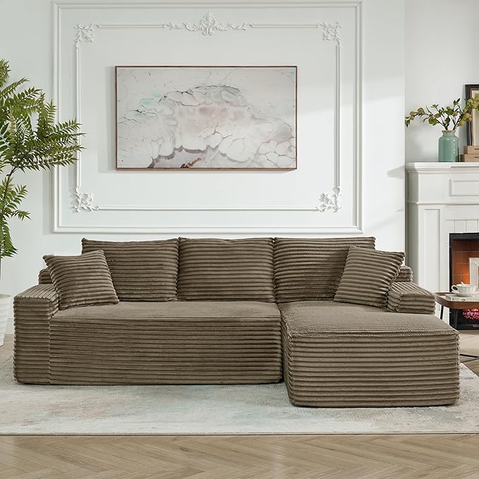 L-Shaped Cloud Sectional Couch Right Facing Modular Compressed Boneless Sectional Sofa with Chaise Lounge Plush Corduroy Boneless Corner Sofa for Living Room