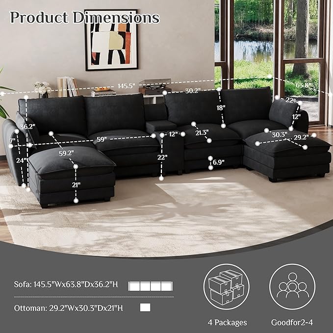 Cloud Couch Sectional Sofa 145.5 Comfy U Shape Sectional Couches for Living Room Modern Chenille Cloud Sofa Deep Seat Modular Couch with Ottoman Storage Console USB Port Cup HolderBlack