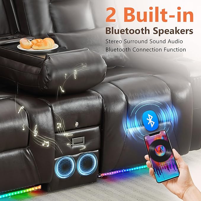 Houjud Power Reclining Loveseat Recliner Sofa with Console Wall-Hugger RV Couch with USB Ports Cup Holders Bluetooth Speakers &amp Ambient Lighting for Home Theater or Camper Faux Leather Dark B