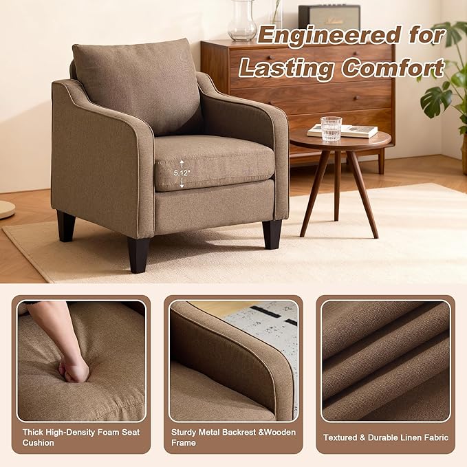 Accent Chair Brown Mid Century Modern Arm Chair Fine Linen Fabric Upholstered Armchair with Scooped Arms Comfy Reading Chair for Living Room Bedroom Office Apartment