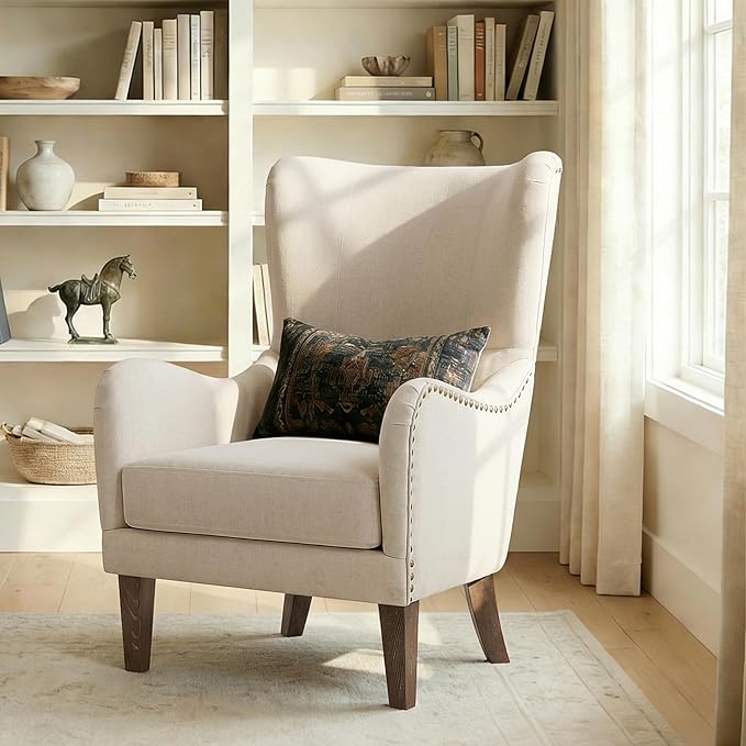 Mid-Century Modern Wingback Club Chair Fabric Living Room High-Back Accent Chair Classic Armchair for Apartment Office Studio Beige