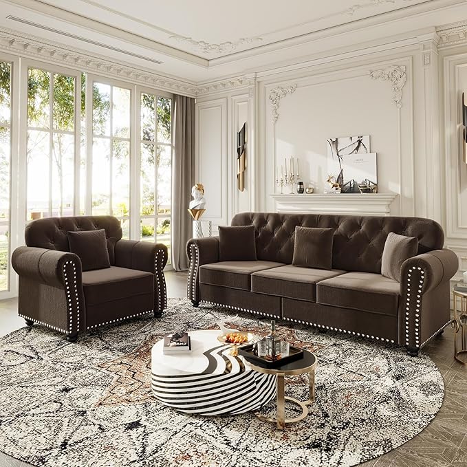 3 Piece Chesterfield Sofa and Chair with Ottoman Comfy 3 Seater Tufted Velvet Couch Set with Rolled Arms &amp 4 Pillows Mid Century Modern Couch and Chair and Ottoman Vintage Living Room Sets (Bro