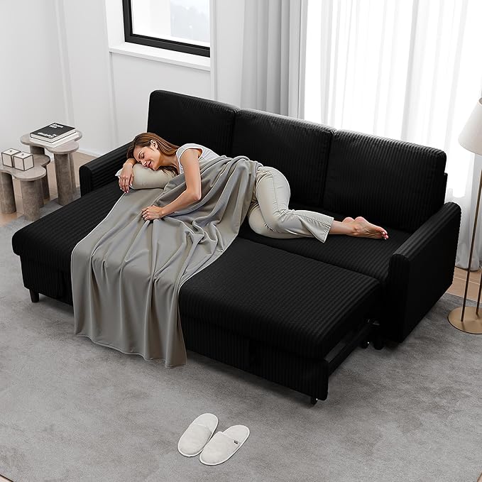 Walsunny Sectional Sofa Couch L Shaped Sleeper Sofa Bed Pull Out Bed with Storage Reversible Sectional Couches for Living Room Apartment Office(Black)