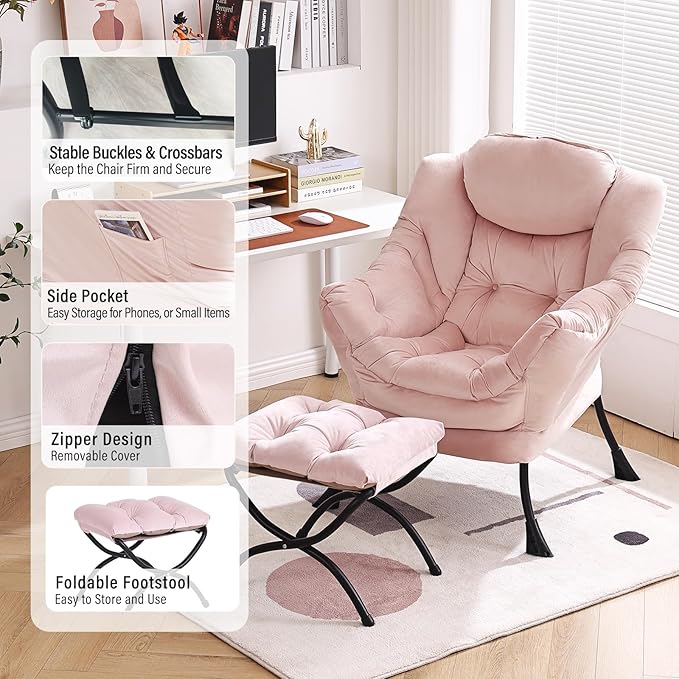 Lazy Chair with Ottoman Modern Chair with Folding Footrest Lounge Accent Chair Comfortable Reading Chair Oversized Armchairs for Bedroom Study Living Room Courtyard (Pink)