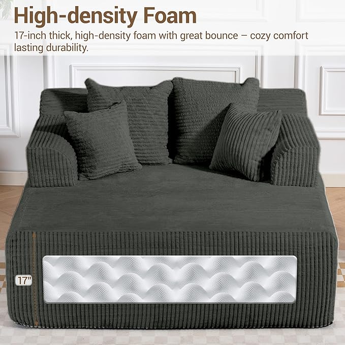 58 Inch Chaise Lounge Chair Indoor Corduroy Boneless Sofa Bed Deep Seat Sleeper Couch Reading Chairs Upholstered Comfy Cloud Sofas Couches for Living Room No Assembly Required Grey