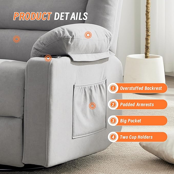 360°Swivel Rocker Recliner Chair for AdultsManual Glider Recliner Sofa with Massage and Heating Nursery Rocking Chairs with Cup Holds for Living Room Bedroom (Light Grey)