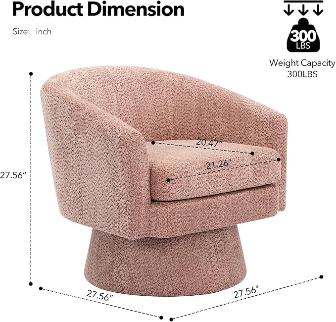 360° Swivel Barrel Accent Chair Modern Chenille Upholstered Armchair with Curved Back Soft Cushion &amp Arms Wooden Frame Storage Pocket Comfy Reading Lounge Chair for Living Room Bedroom Offi