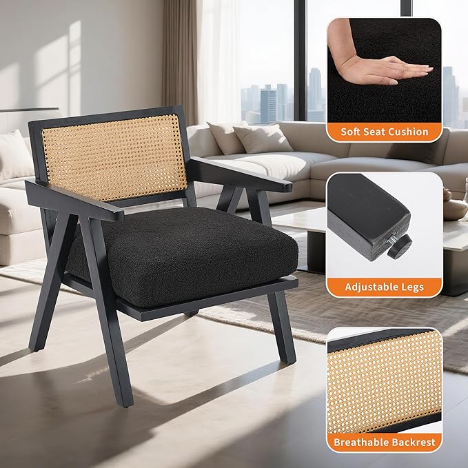 Mid Century Modern Accent Chair Comfy Living Room Chairs with Sturdy Wood Legs Rattan Backrest &amp Beige Thick Linen Cushion Armchair for Bedroom Balcony Apartment Black