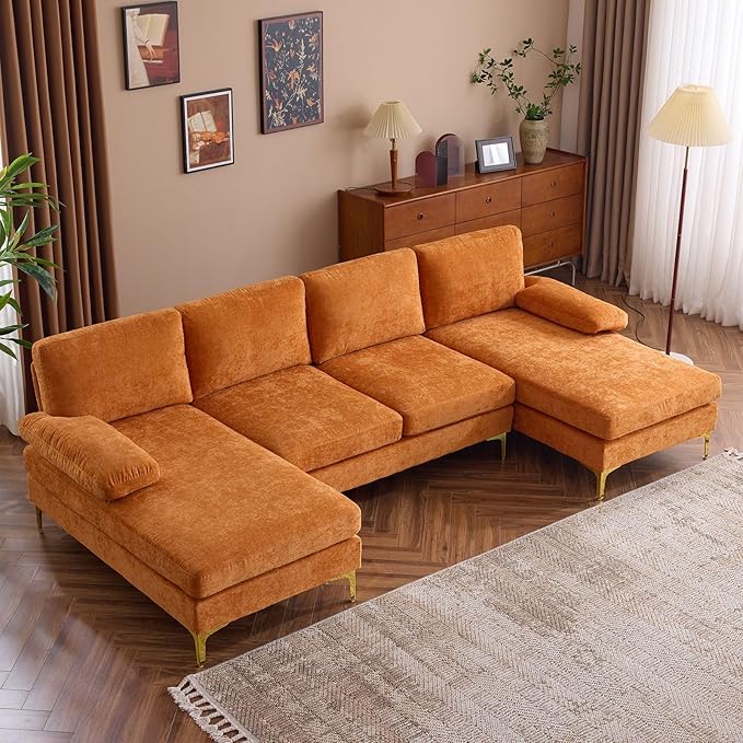 Karl home Convertible Sectional Sofa 110 U-Shape Sofa Couch 4-Seat Couch with Chaise ChenilleFabric Upholstered for Living Room Apartment Office Orange