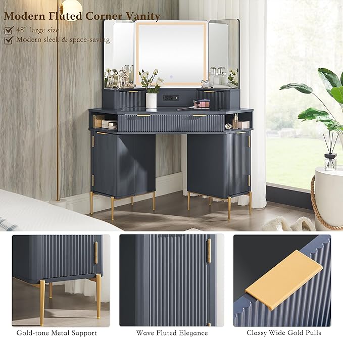 T4TREAM Corner Vanity Desk with Mirror and Lights 48 Modern Fluted Makeup Vanity with Glass Top 3-Panel Lighted Mirror &amp Charging Outlet Dressing Table with 3 Drawers &amp 2 Cabinets Dark Gr