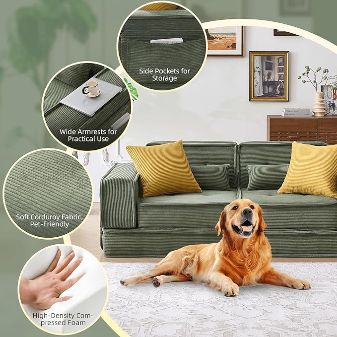 Modular Sofa Bed No Assembly Required Sectional Couch for Living Room Compressed Cloud Couch with Corduroy Fabric &amp Lumbar Pillows Small Space Furniture Green