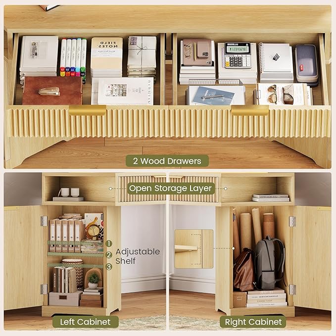 SEDETA Computer Desk with 2 Drawers Small Diamond Office Desk with Storage Cabinet for Small Space Gaming Desk with LED Lights &amp Power Strip for Home Office Oak