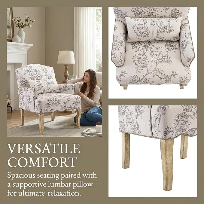Floral Accent Chairs Set of 2 Farmhouse Upholstered Armchair Linen Reading Chair Mid Century Modern Single Sofa Chair with Pillow for Bedroom/Living Room/Fireplace Beige