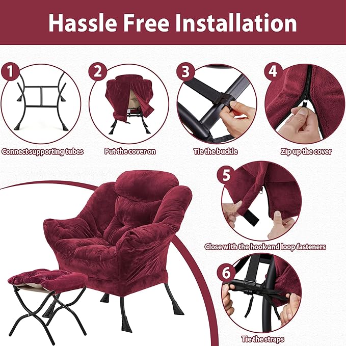 Lazy Chair with Folding Ottoman Accent Chair Plush Upholstered with Metal Structure and Non-Slip Pads Sofa Armchair with Footrest and Side Storage Bag for Dorm Room Office Rose Red
