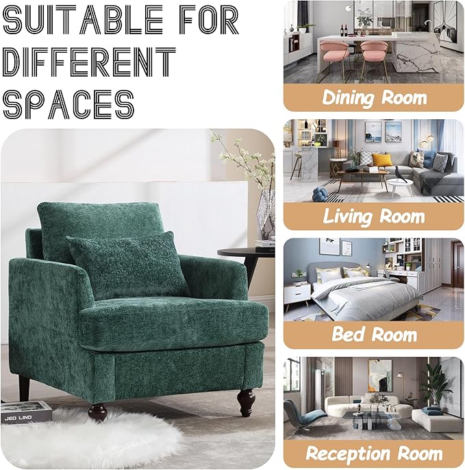 Oversized Accent Chair with Lumbar Pillow Upholstered Side Chairs for Living Room Bedroom Comfy Reading Chairs for Adults with Wide Seat Thick Cushion Soft Chenille (Emerald)