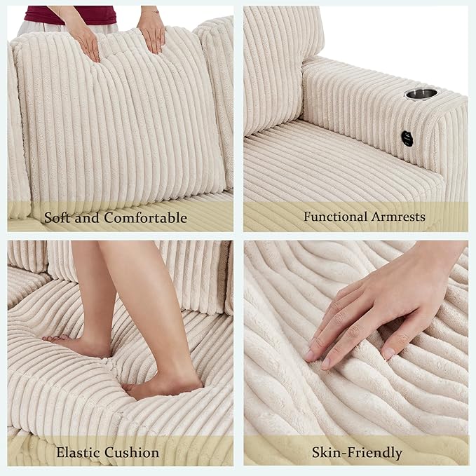 L-Shaped Sectional Sleeper Sofa with Pull Out Bed with Storage 5-Seat Sleeper Couch with USB Charging Convertible Design for Living Room Apartment Corduroy Fabric (Beige)