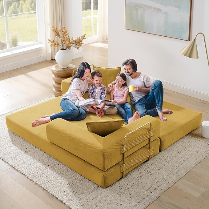 Convertible Folding Sofa Bed Corduroy Sleeper Mattress Couch with Fixed-Shape Frame Free Combination Loveseat Lounge Floor Sofa Queen Size Memory Foam Couch for Living Room Bedroom Yellow