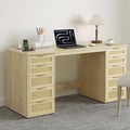 WOPITUES 60 Boho Home Office Desk with 10 Wooden Drawers Rattan Computer Writing Desk with Power Outlets Large Executive Desk with Storage Cabinet for Work Study Writing Craft Natural Brown