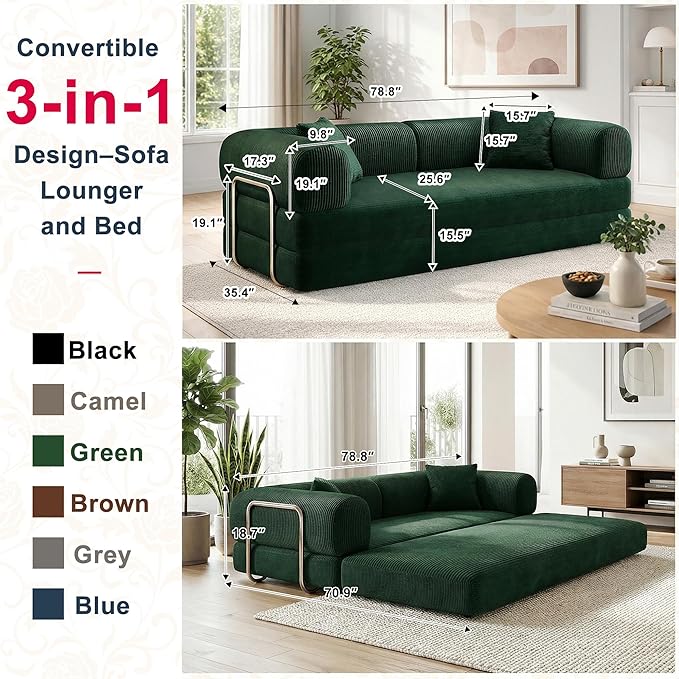 78 Inch Folding Convertible Sofa Bed 4-in-1 Oversized Cloud Corduroy Upholstered Boneless Couch Loveseat Sleeper with Pull Out Bed Modular Futon Floor Sofa Couch for Living Room Bedroom Lounge
