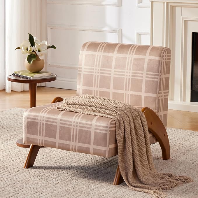 Oversized Accent Chair upholstered armless mid Century Modern Living Room Chair with Wooden Legs for Bedroom/Office/Cafe Plaid Camel