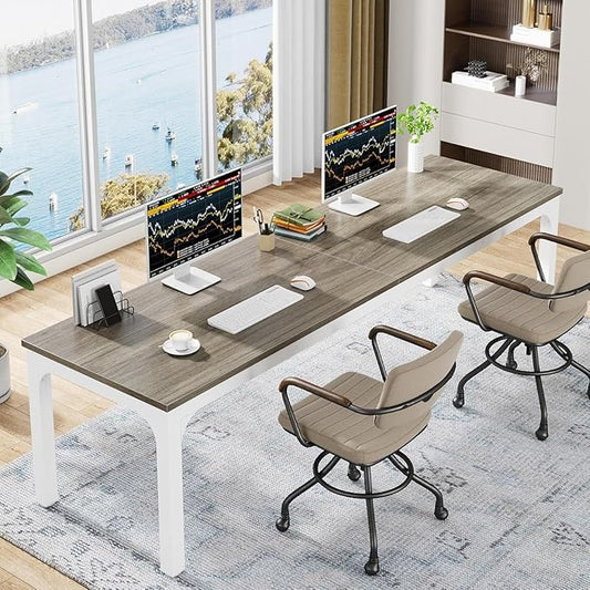 78 Two Person Computer Desk with Drawers Long Double Home Office Desk with with Storage Shelves Large Gaming Study Writing Table Workstation for Office (White+Oak)