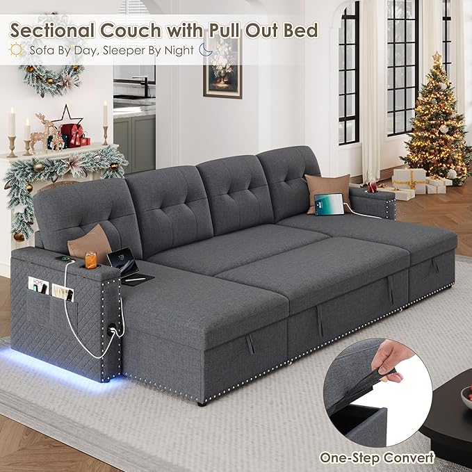 HIFIT 106 Sectional Couches for Living Room- Pull Out Sleeper Sofa Couch w/Storage ChaiseStorage ArmrestLED Light&ampUSB Port&ampCupholder Modern Linen U Shaped Home Sofa Living Room Furniture S
