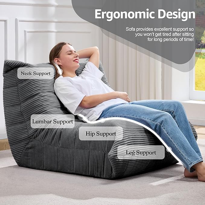 Bean Bag Chairs for Adults Giant Bean Bag Chair Memory Foam BeanBag Chair Bean Bag Sofa with Filler Faux Fur Fireside Beanbags Lazy Sofa for Living Room Bedroom Office (Grey Corduroy Single)