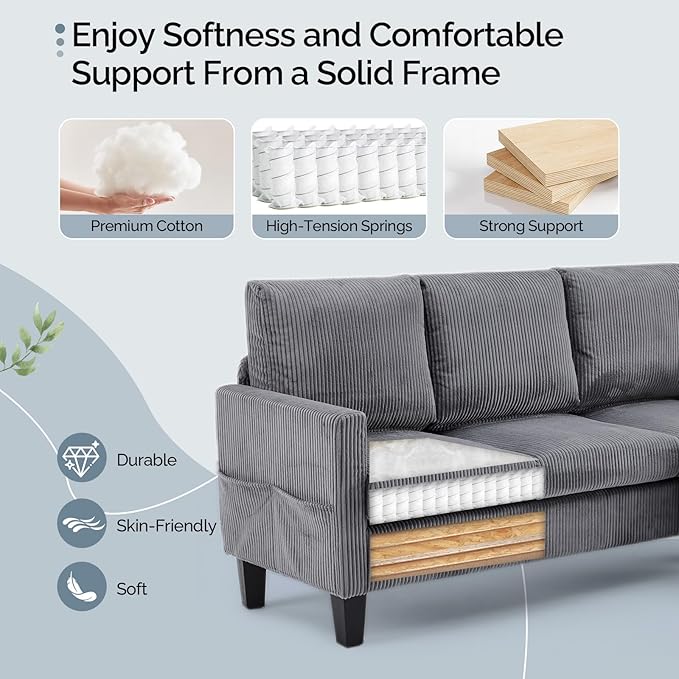 VINGLI 68.5' L Shaped Couch with Removable Storage Ottoman Convertible Sectional Sofa in Corduroy Fabric Modern Reversible Chaise Couch for Small Spaces Apartment Living RoomGrey
