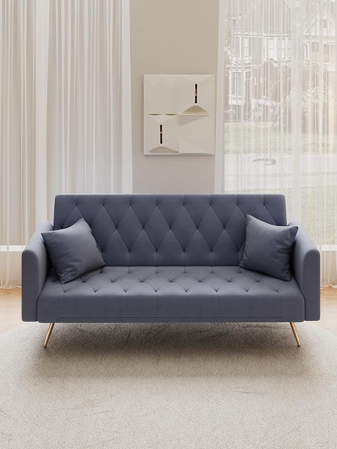 71 Convertible Velvet Futon Sofa Bed Loveseat with Multiple Adjustable BackrestsModern Sleeper Couch with Golden Metal Legs for Living RoomApartmentOfficeGray