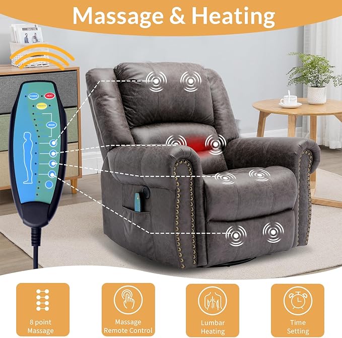 Manual Massage Recliner with Heating Function 360° Swivel Glider Rocking Recliner Chair for Living Room Ergonomic Single Sofa Chair with Remote Control/USB Ports/Side Pockets(Grey)