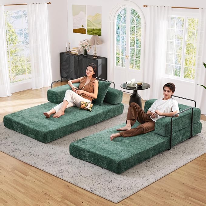 Antetek Modular Futon Sofa Bed Convertible Folding Chenille Comfy Memory Foam Floor 3 Seater Loveseat Sleeper Sofa Couch Bed Chaise Lounge with 2 Pillows for Guest Room Living Room Office Green